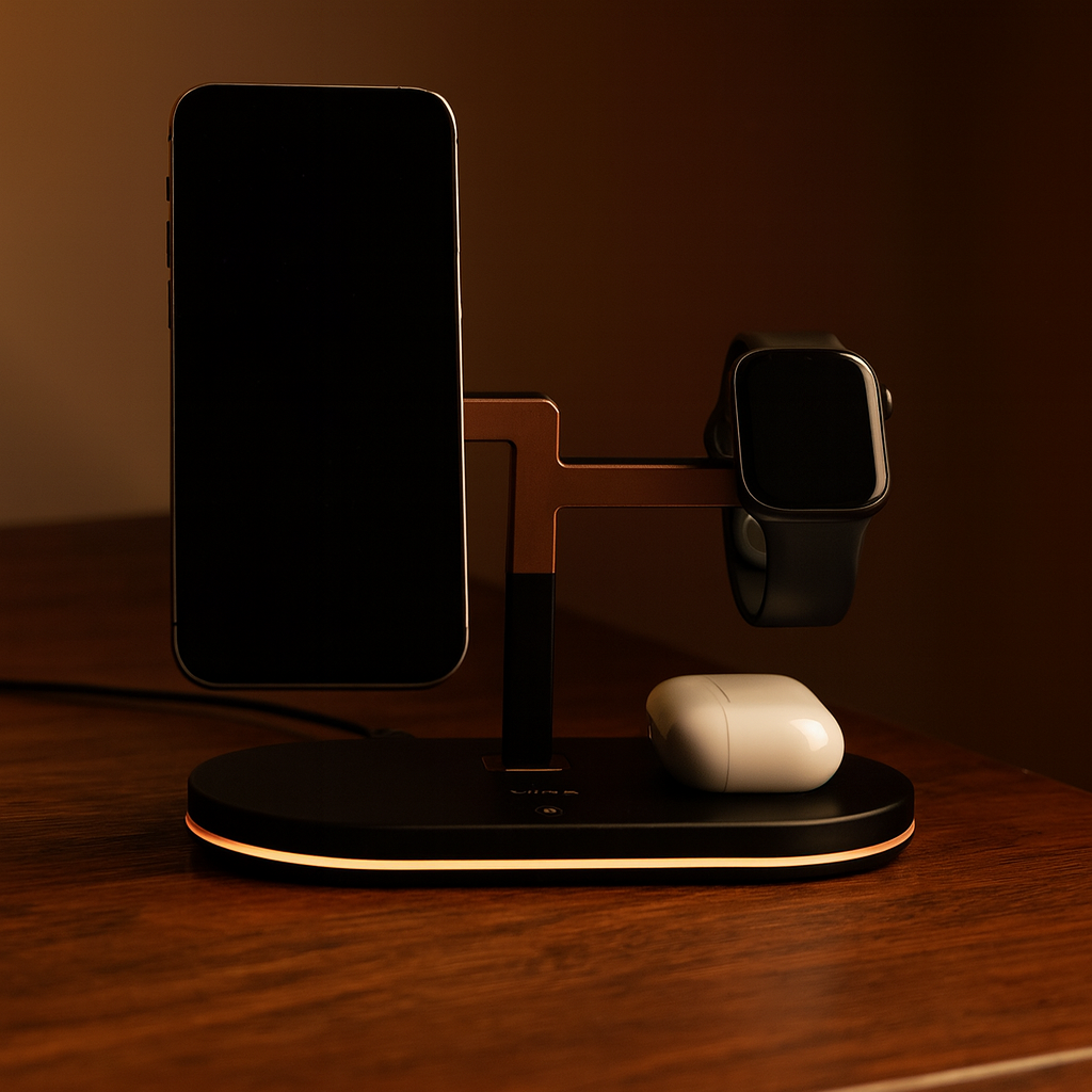 4-in-1 Magnetic Charging Stand — Brushed Aluminum, LED Base